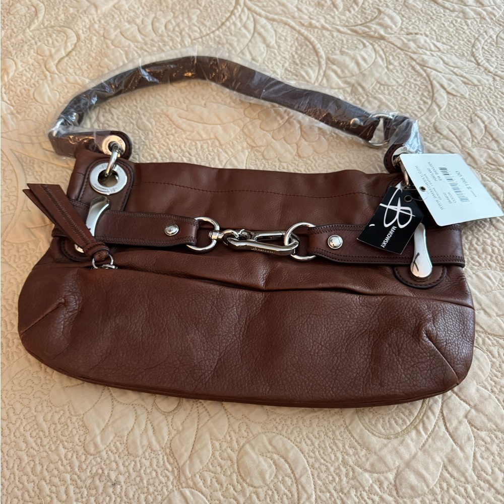 B. Makowsky Brown Leather Shoulder Bag with Silver Accents